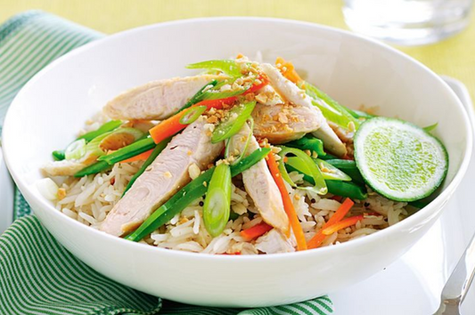 WARM CHICKEN SALAD WITH COCONUT RICE – RECIPE
